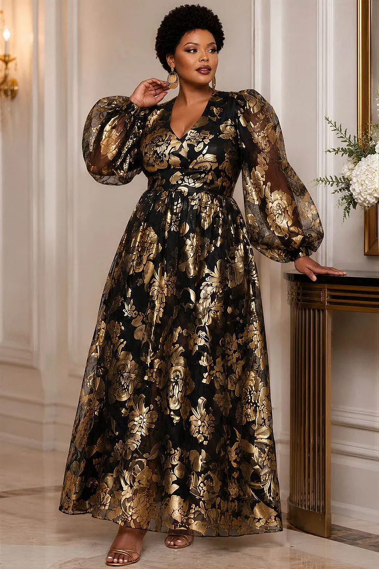 Xpluswear Design Plus Size Formal Gold Foil Print V Neck Lantern Sleeve Long Sleeve Foil Print See Through Organza Maxi Dresses [Pre-Order] 2024 - Xpluswear