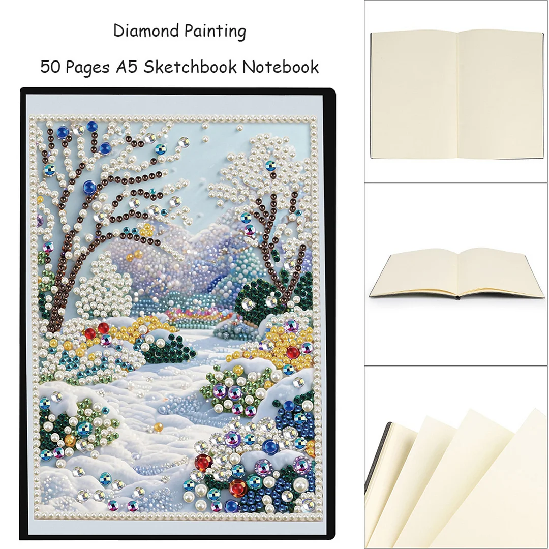 Winter Forest Partial Pearl DIY 50 Pages A5 Diamond Painting Notebook Special Shaped Diamond Art Diary Book Kits Wireless Strip 5D Crystal Art Paintings Sketchbook for Art Drawing