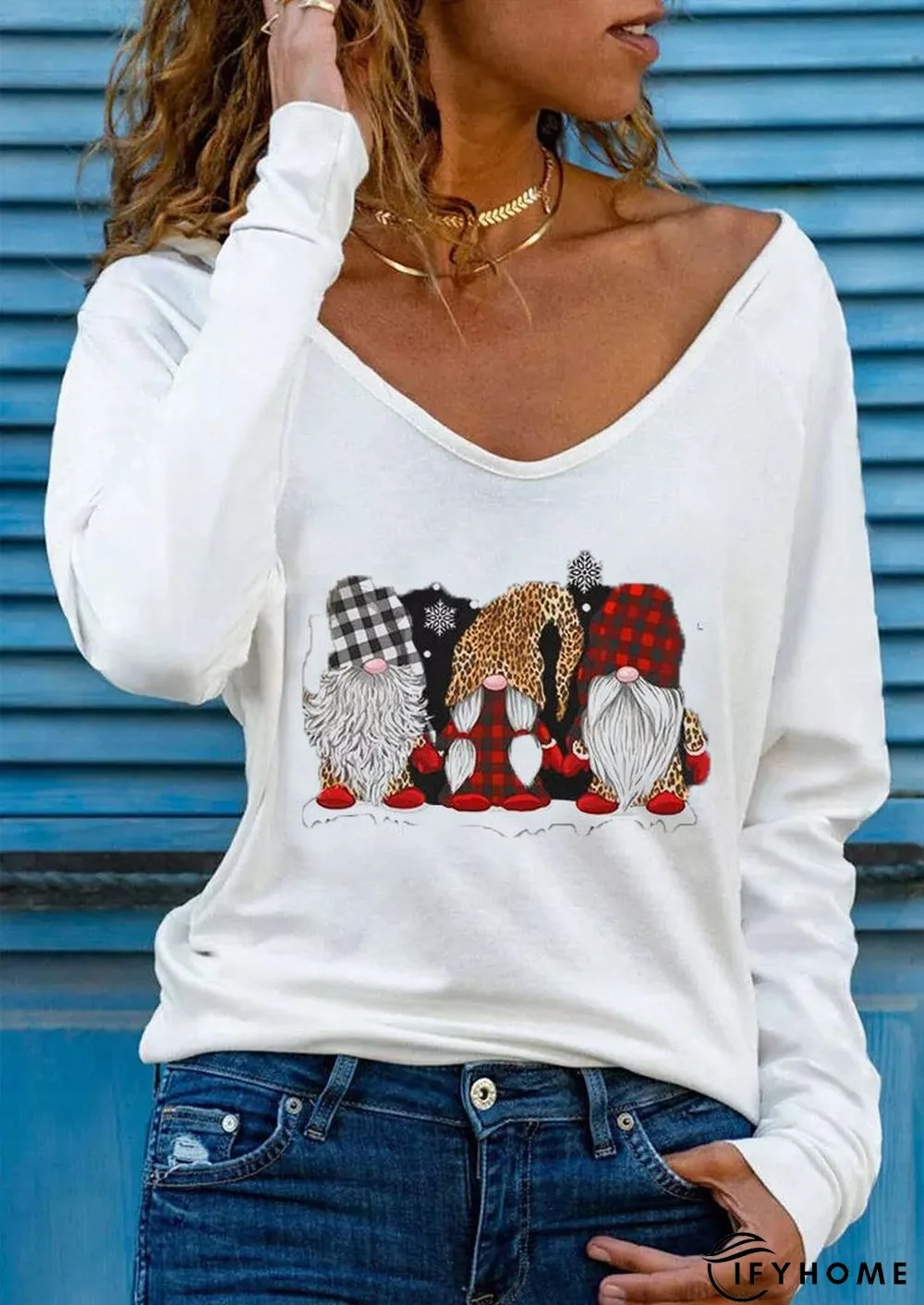 V Neck Casual Christmas Snowman T-shirt | IFYHOME