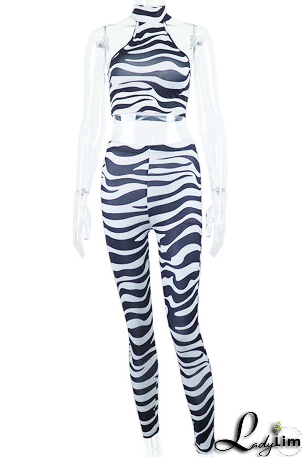 Black Sexy Print Split Joint O Neck Sleeveless Two Pieces