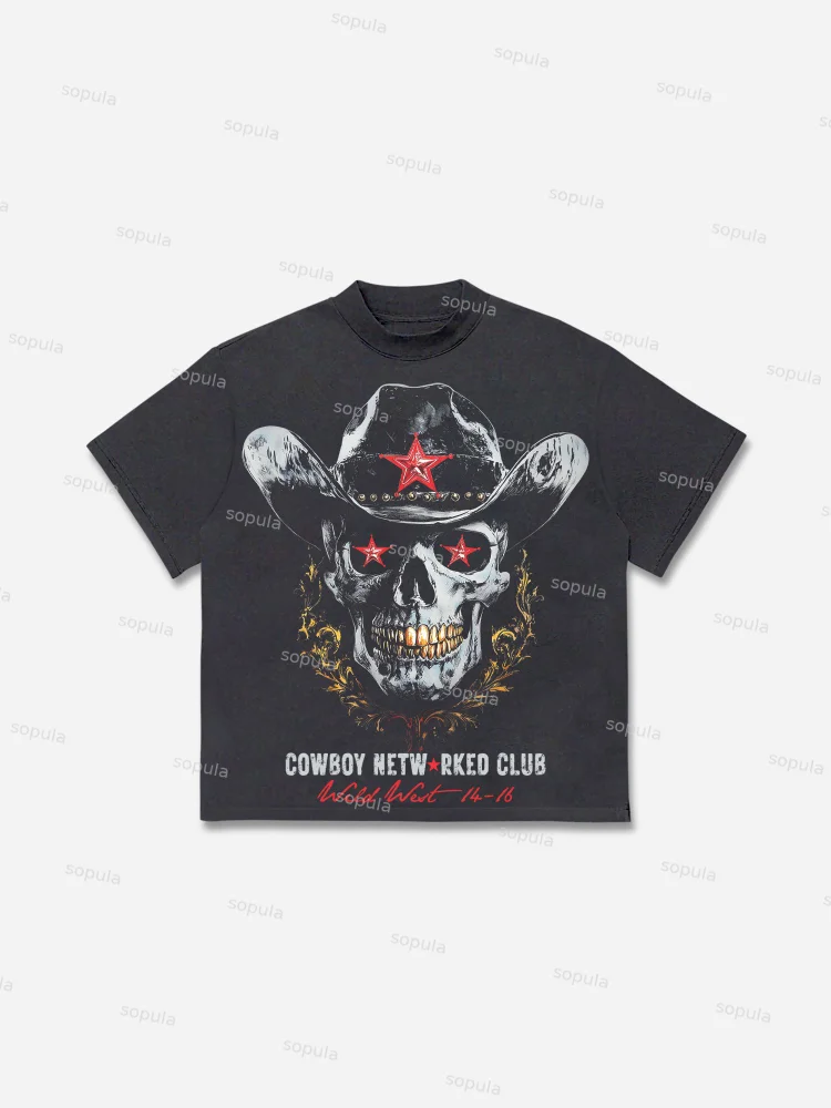 Men's Vintage Wild West Skull Graphic Cotton T-shirt