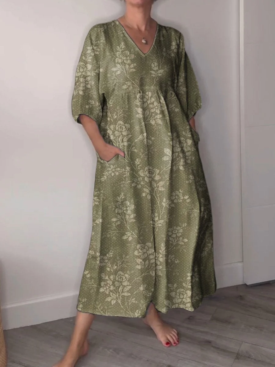 Retro Countryside Style Floral Pattern Printed Women's Pocket V-Neck Cotton Dress