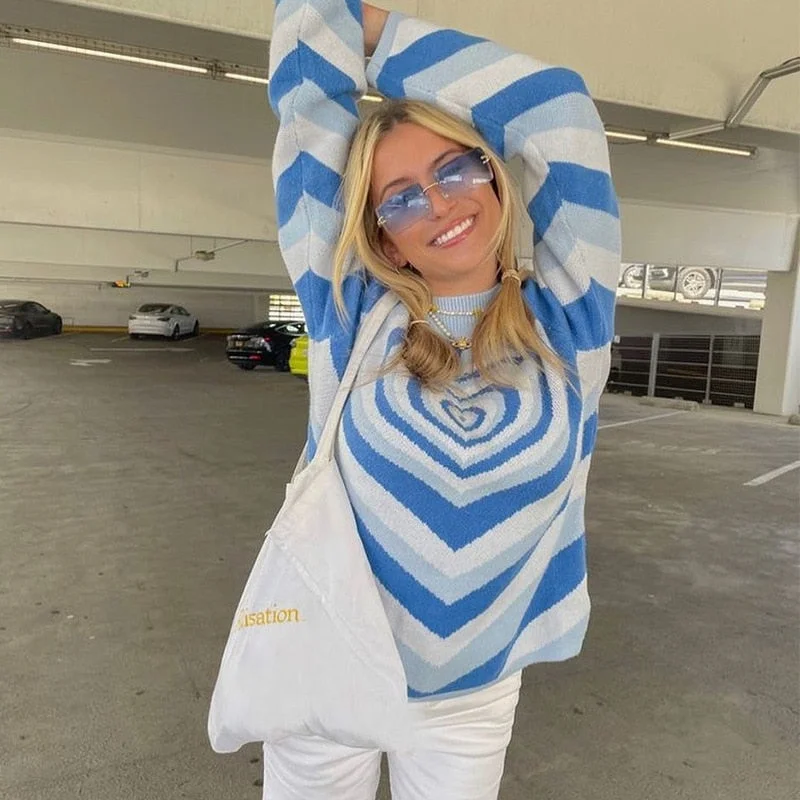 Y2K Aesthetics Heart Striped Turtleneck Pullovers E-girl Sweet Long Sleeve Hot Pink woman sweaters Harajuku 90s Knitwear  Autumn