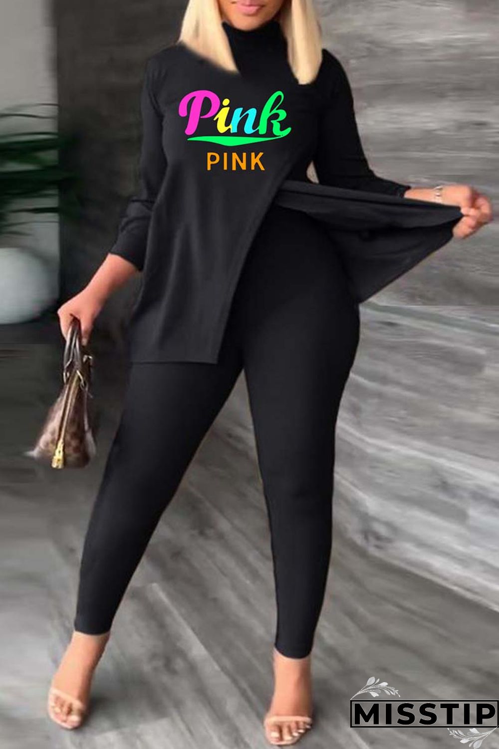 Black Green Casual Print Slit Turtleneck Plus Size Two Pieces