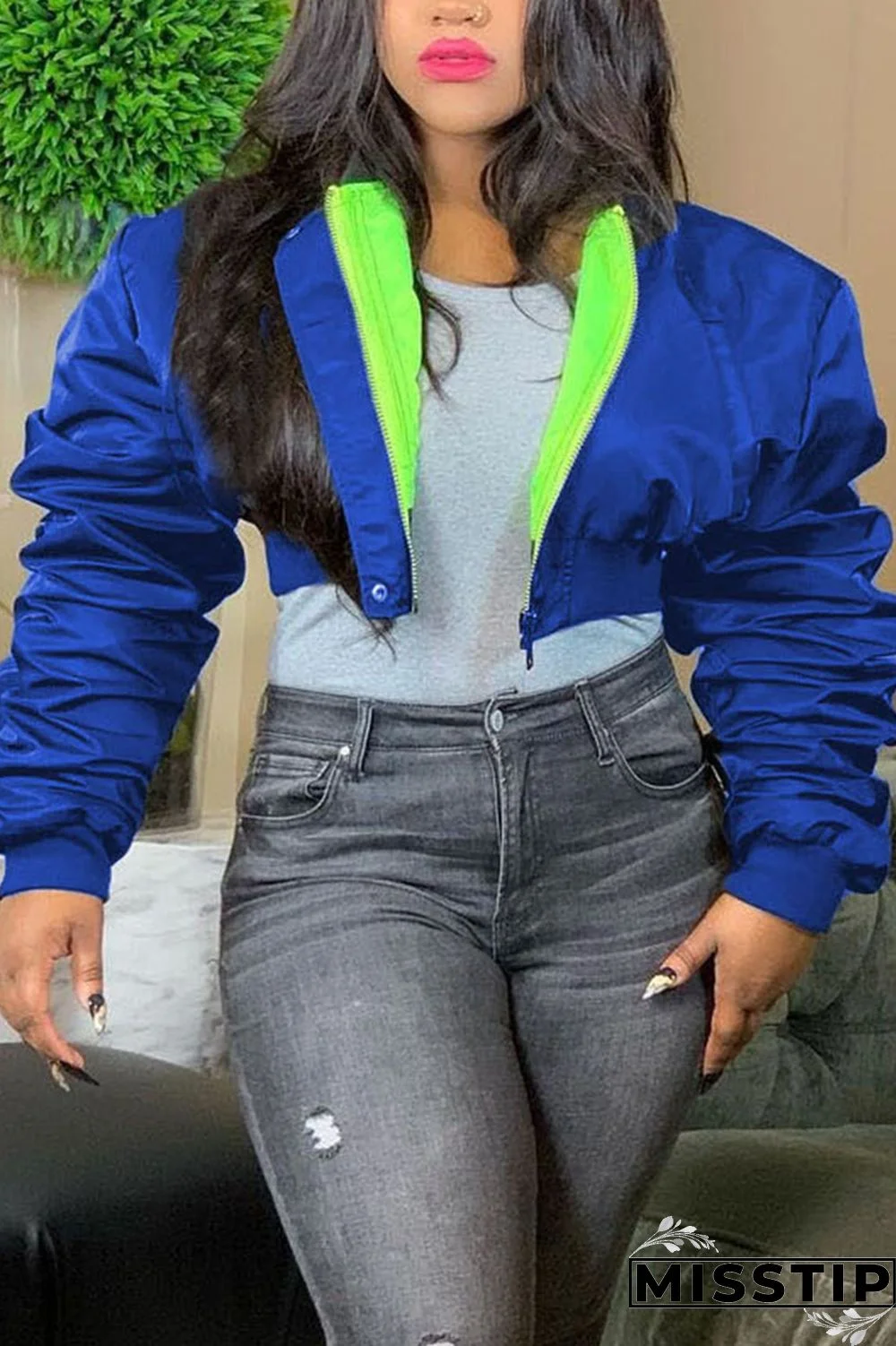Royal blue Fashion Casual Solid Cardigan Zipper Collar Outerwear