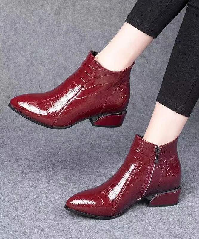 Stylish Chunky Boots Red Faux Leather Pointed Toe Zippered