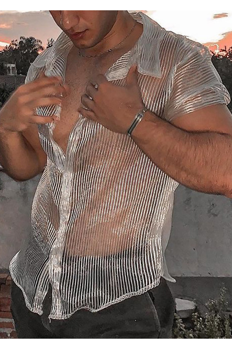 Men's Casual Sheer See Through Striped Shirt