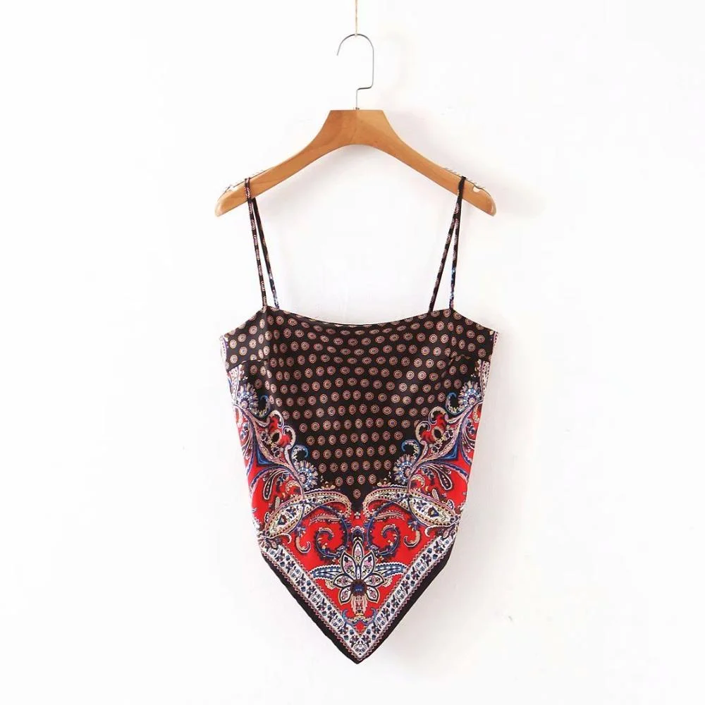 2019 New Women vintage paisley print spaghetti strap sexy chic camis tank ladies summer backless bowknot sling tops LS3866