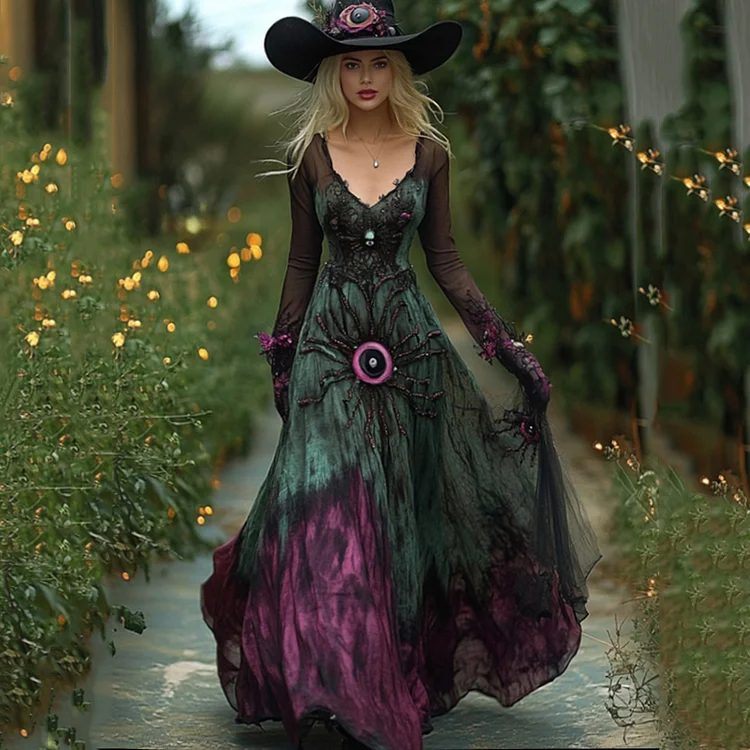 Women's Halloween Gradient Scary Spider Eyes Witch Maxi Dress