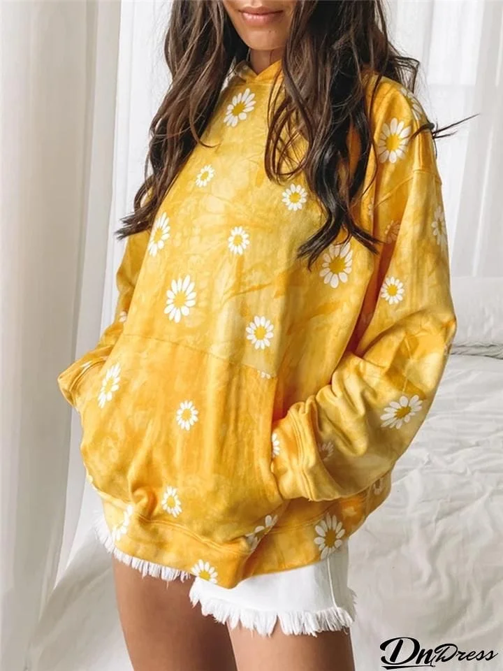 Tie-Dye Daisy Floral Print Pullover Hoodie