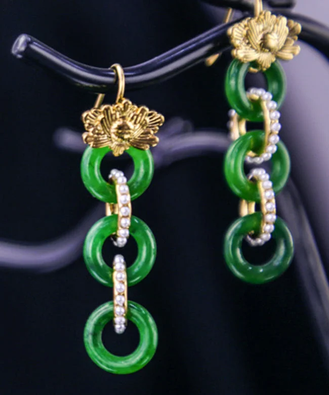 Vintage Green 18K Gold Pearl Patchwork Jadeite Hoop Earrings
