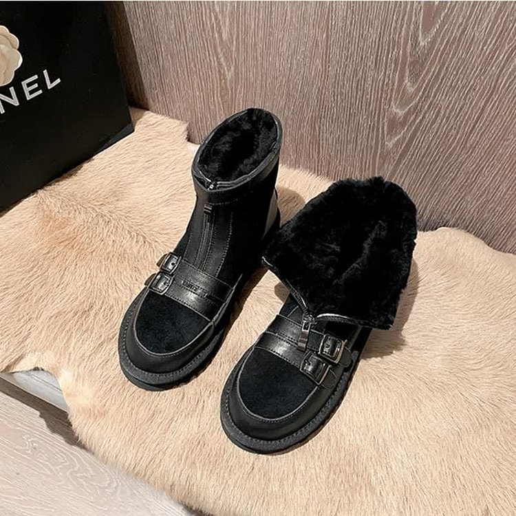 Round Toe Leather Button Plush Boots - Modakawa modakawa