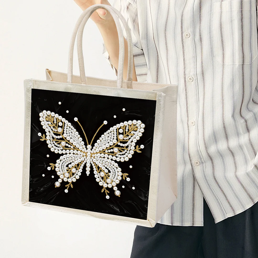 Pearl Butterfly DIY Diamond Painting Shopping Bag Crystal Painting Linen Tote Bags Waterproof Multi-Pocket Diamond Tote Handbag Large Capacity for Adults Beginners