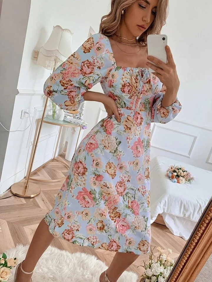 Square Tie Floral Long Sleeve Dress