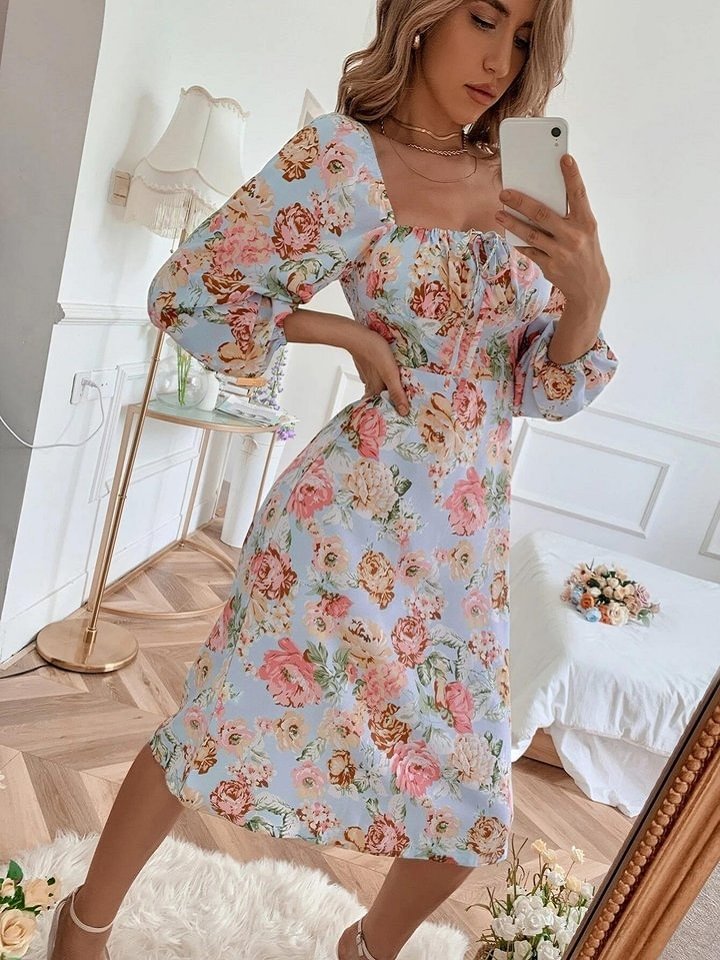Square Tie Floral Long Sleeve Dress