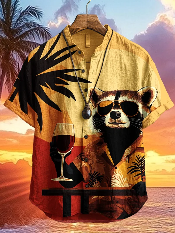 Men's Raccoon Drinks Red Wine Hawaii Style Print Short Sleeve Shirt
