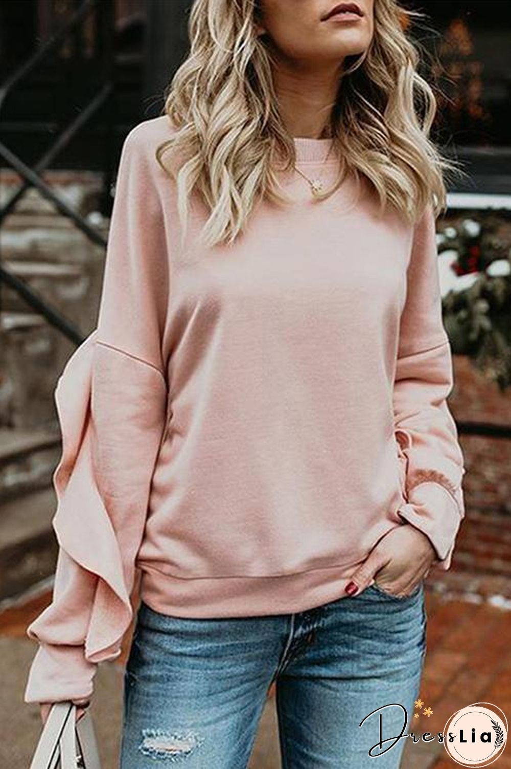Solid Color Ruffle Round Neck Top