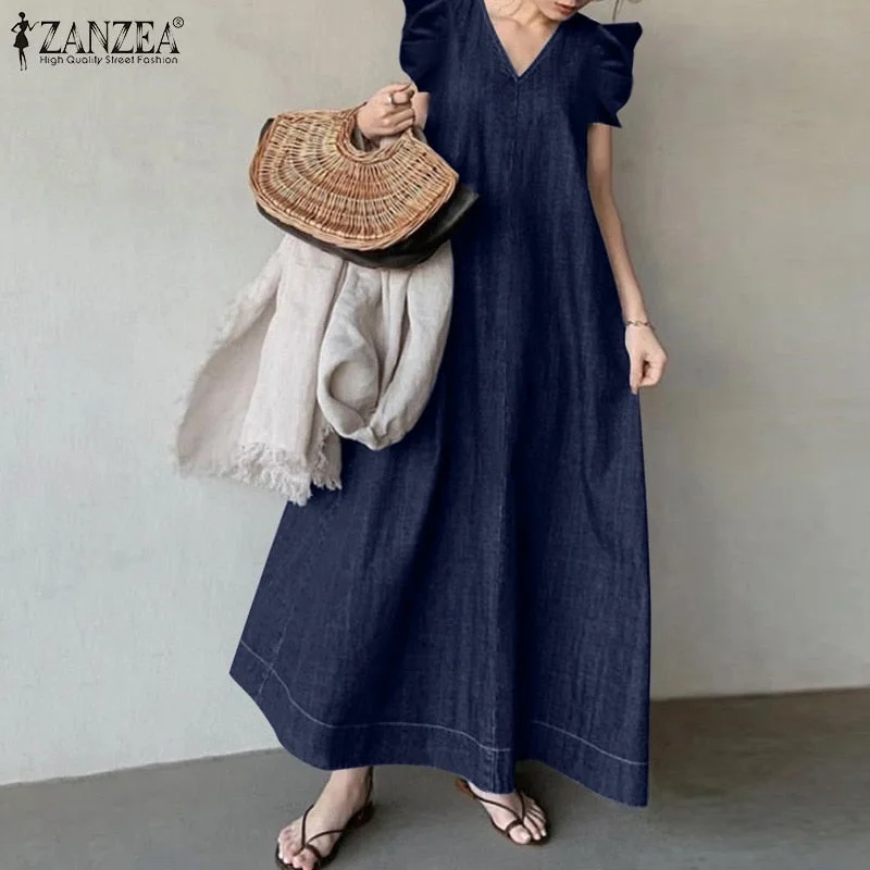 Vintage Women Denim Blue Dress 2022 Summer Ruffle Sleeveless Maxi Dresses ZANZEA Casual Solid A-line V-neck Oversized Sundress 7