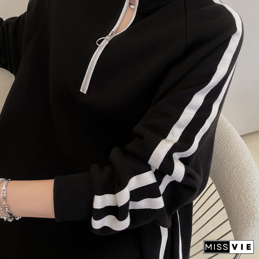 Plus Size Stripe Zipper Long Sleeve Loose Dress