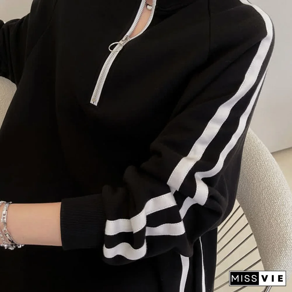 Plus Size Stripe Zipper Long Sleeve Loose Dress