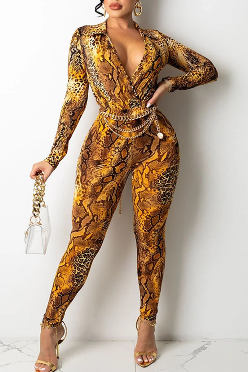 Gold Sexy Print Patchwork V Neck Regular Jumpsuits(Without Belt) | EGEMISS