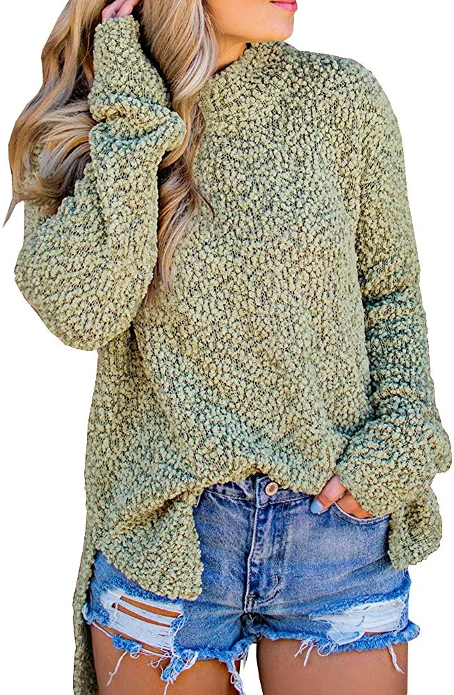 Womens Fuzzy Knitted Sweater Sherpa Fleece Side Slit Full Sleeve Jumper Outwears