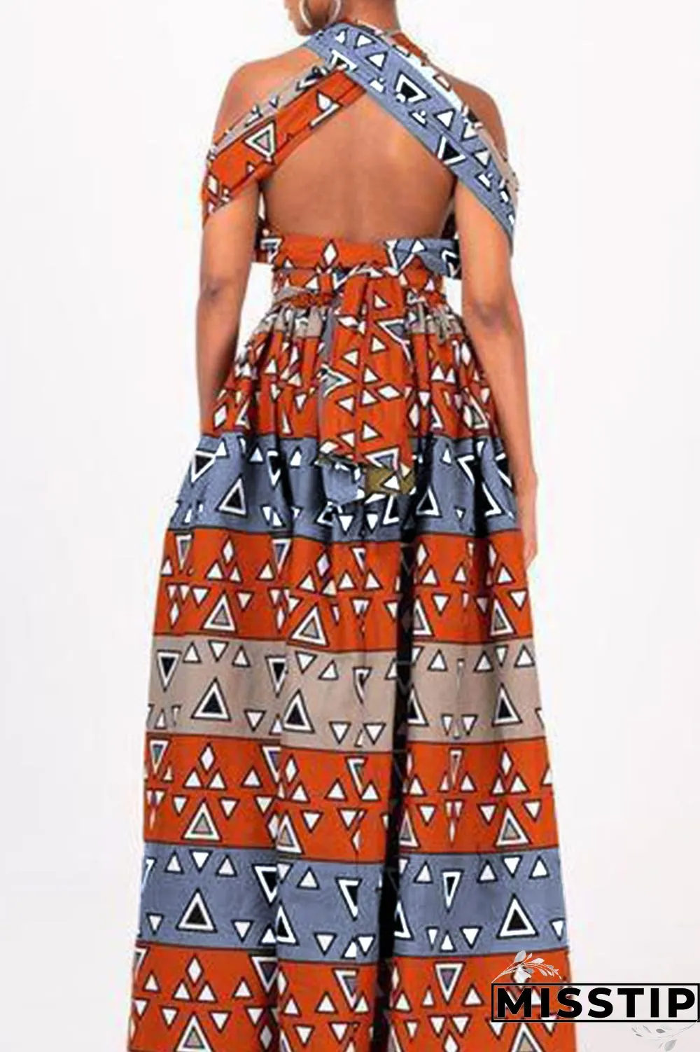 Brick Red Vintage Elegant Print Bandage Patchwork Asymmetrical Collar A Line Dresses