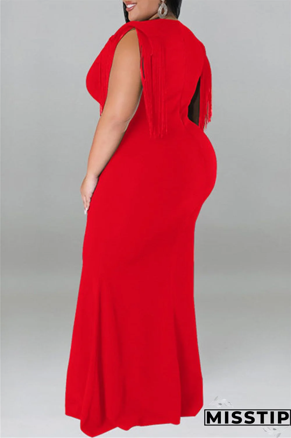 Blue Casual Plus Size Solid Tassel Patchwork V Neck Long Dress