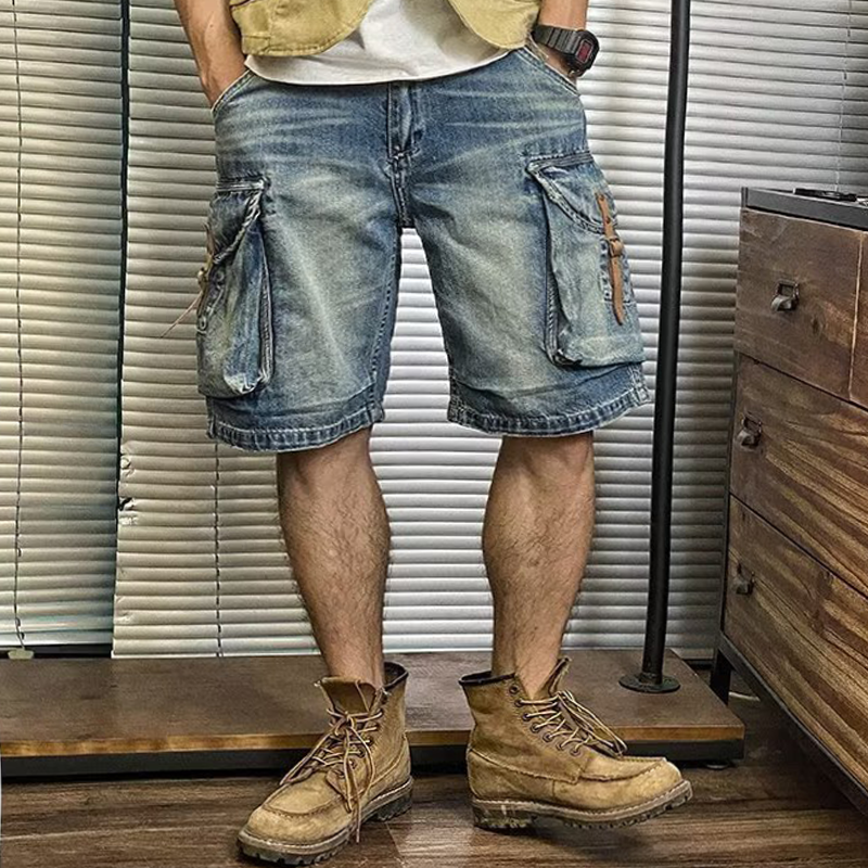 Men's Vintage Distressed Washed Cargo Denim Shorts Oversize Jorts / TECHWEAR CLUB / Techwear