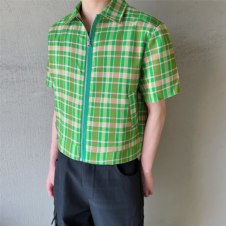 dawfashion-6244--P95 Fashionable Green Check Lapel Open Jacket Personality Retro Style Half Sleeve Top-Dawfashion- Original Design Clothing Store-Halloween 2022
