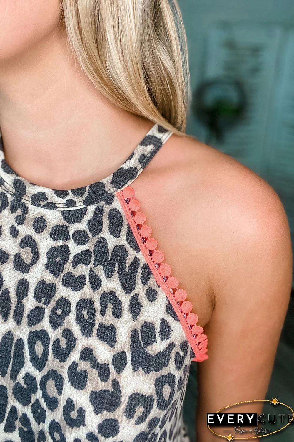 Halter Coral Trim Leopard&Stripe Print Tank Top