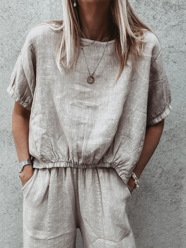 White Crew Neck Short Sleeve Linen Top hjn Shicloths
