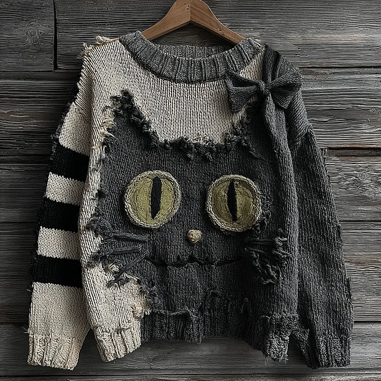 Halloween Cute Black Cat Striped Knitted Crew Neck Sweater