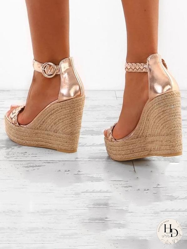 Fashion Wedge High-heel Solid Color Weaving Sandal Shoes