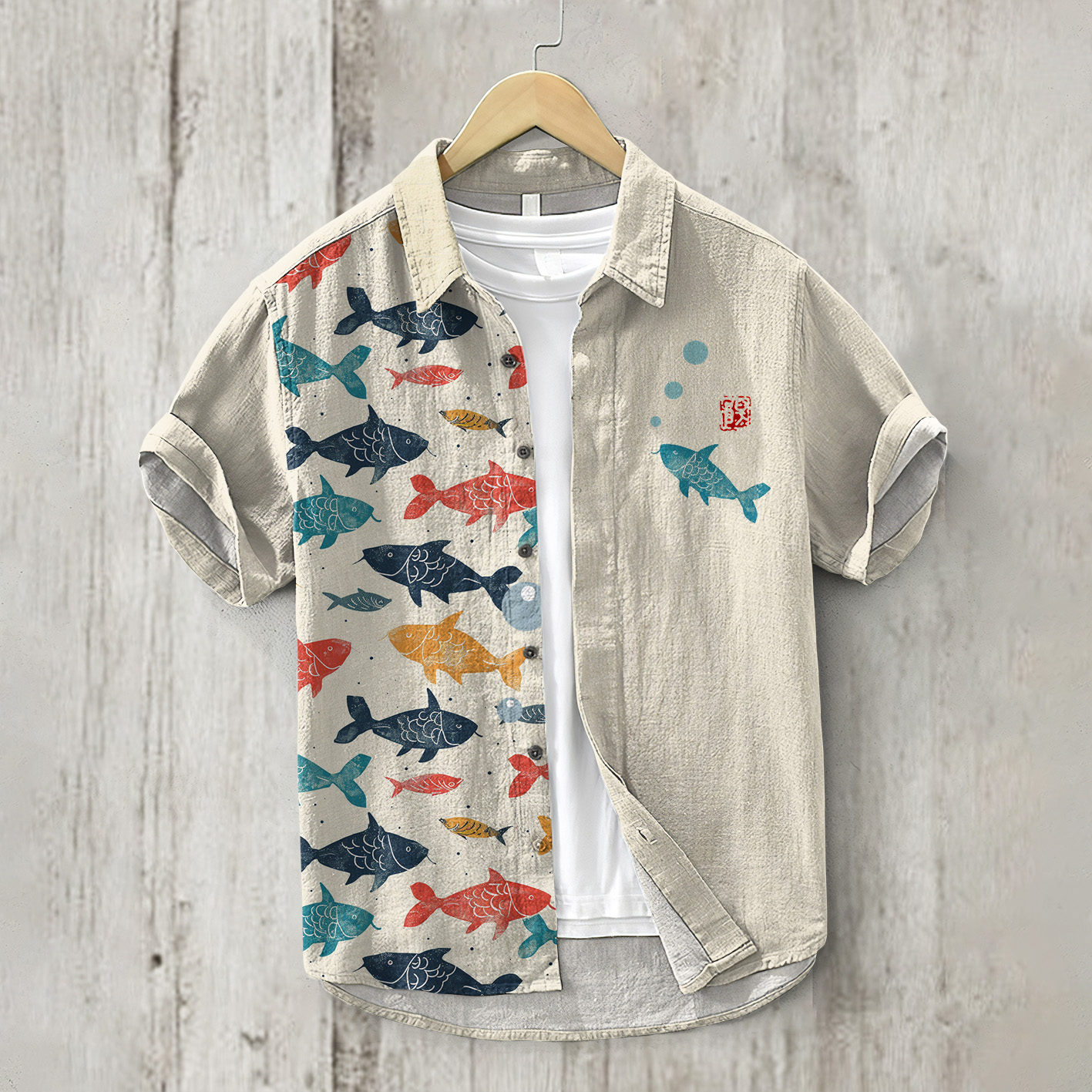  Vintage A School Fish Casual Linen Blend Shirt Westsshops