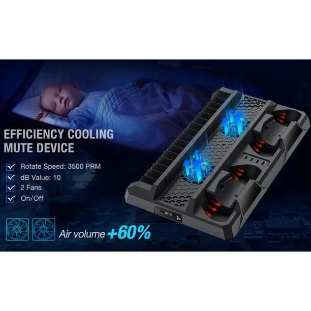 DinoFire PS4 Stand Cooling Fan for PS4 Slim/PS4 Pro, Vertical Stand Cooler with Dual Controller Charge Station-Black