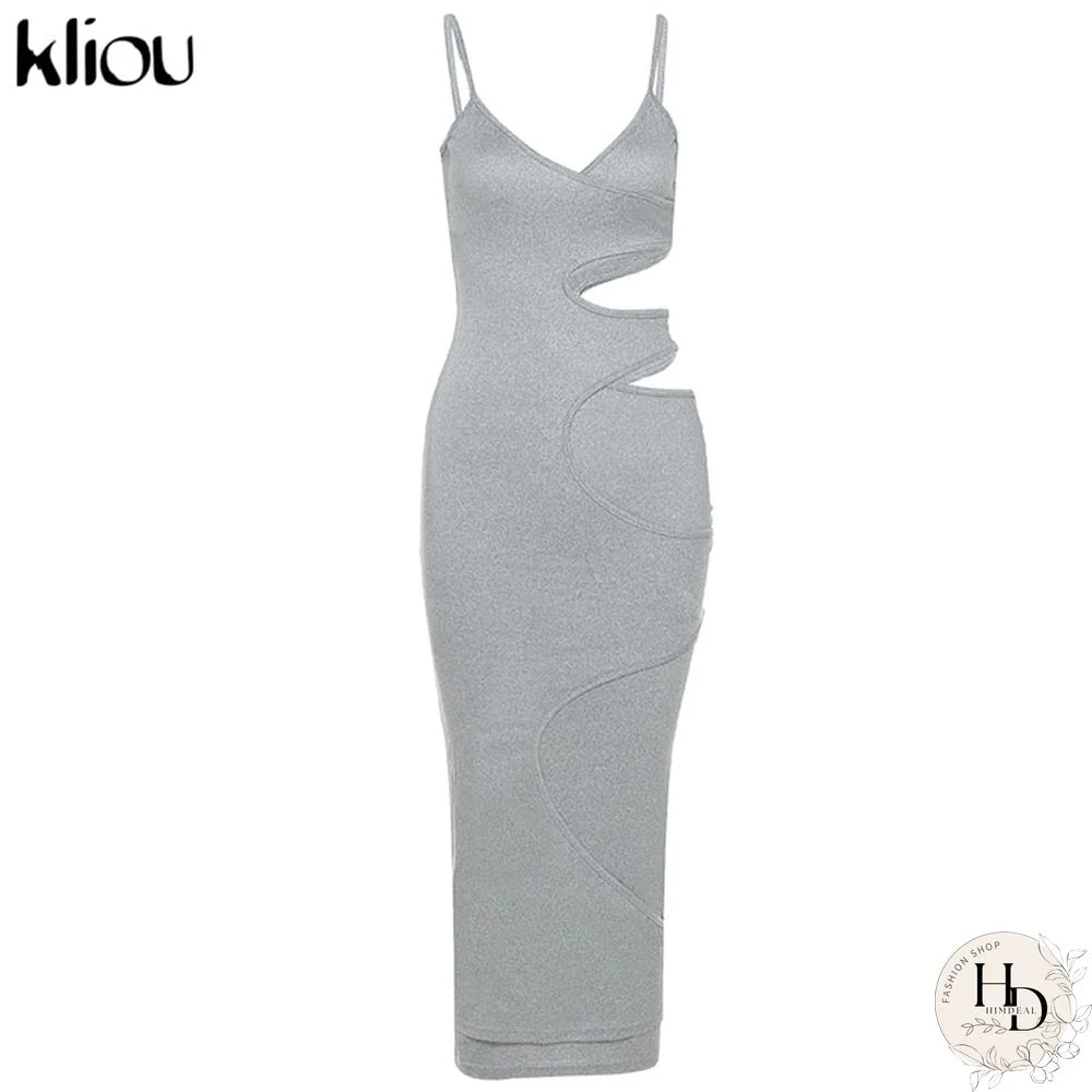 Kliou Cut Out Show Waist Sexy Maxi Dress Women Shape Streetwear Sleeveless Skinny Slim Bodycon Vestidos Sense Of Design Hot