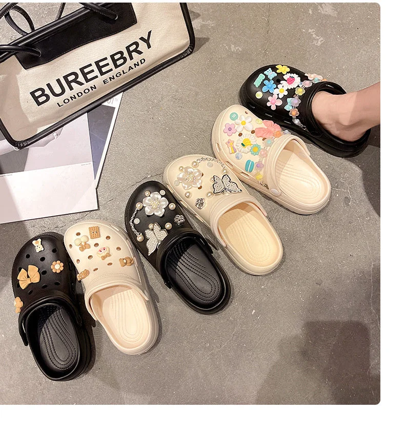 Summer Women Slippers Shoes With Charms Jewelry Garden Shoes Wedges Platform Sandals Antiskid Female Clogs Flip Flops For Woman