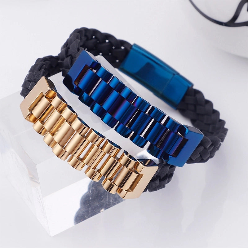 Minimalist Commute Color Block Pu Leather Titanium Steel Plating 18K Gold Plated Men's Bangle