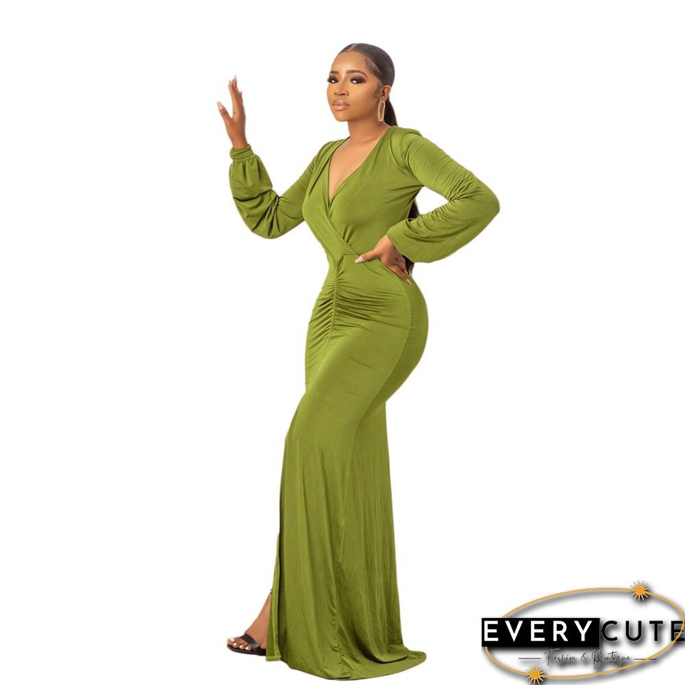 CM.YAYA Women Long Dress Solid Full Sleeve V-neck Strechy Maxi Floor Length Dresses Fashion Vintage Party Vestidos Summer Outfit