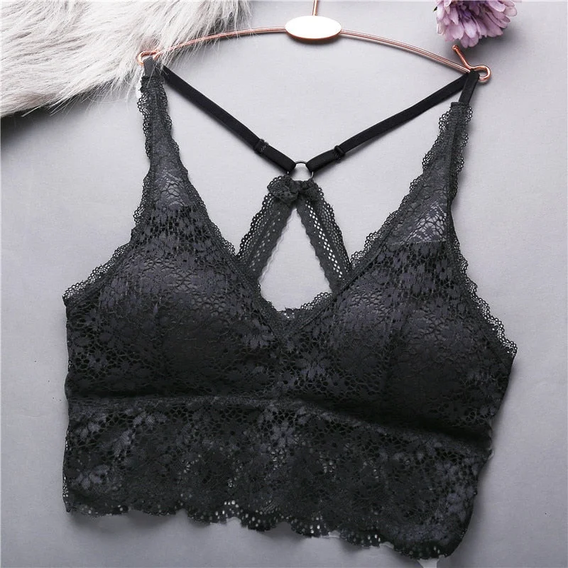 FINETOO Sexy Lace Women Cross Strap V-Neck Short Tops Seamless Bralette Underwear Push Up Padded Lingerie Femme Cropped Bra Top