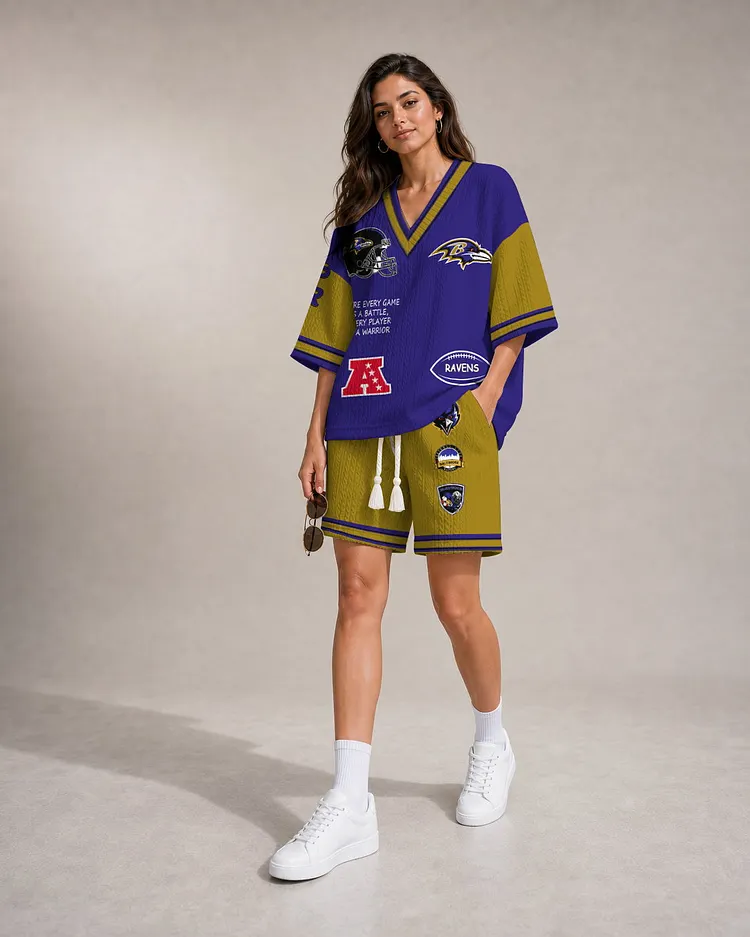 Baltimore Ravens Women&rsquo;s V-neck Jacquard Cable-Knit Tee & Shorts Set