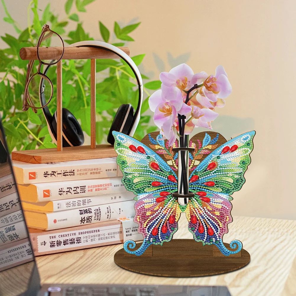 DIY Wooden Butterfly Diamond Painting Flower Vase Ornaments for Home Office Decor