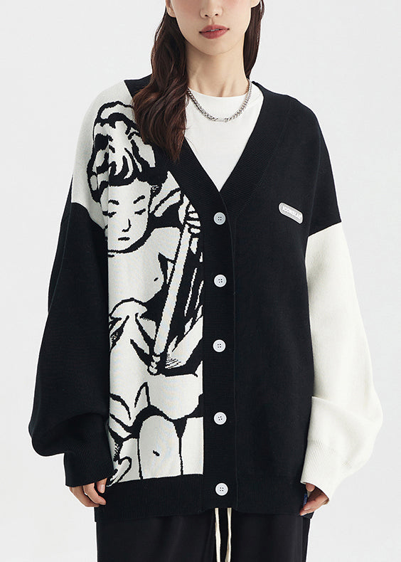 VCSHOES Loose Black V Neck Print Button Knit Neutral Coats Long Sleeve
