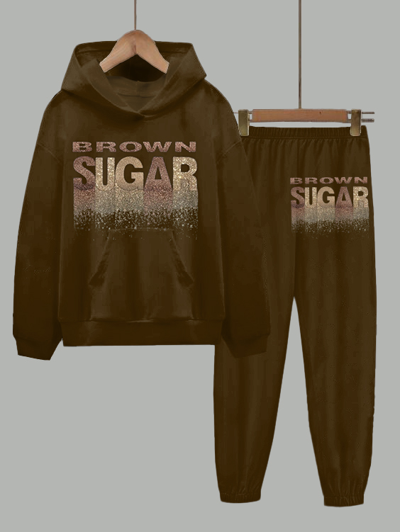 Brown Suger Long Sleeve Hoodie Two Pieces Set