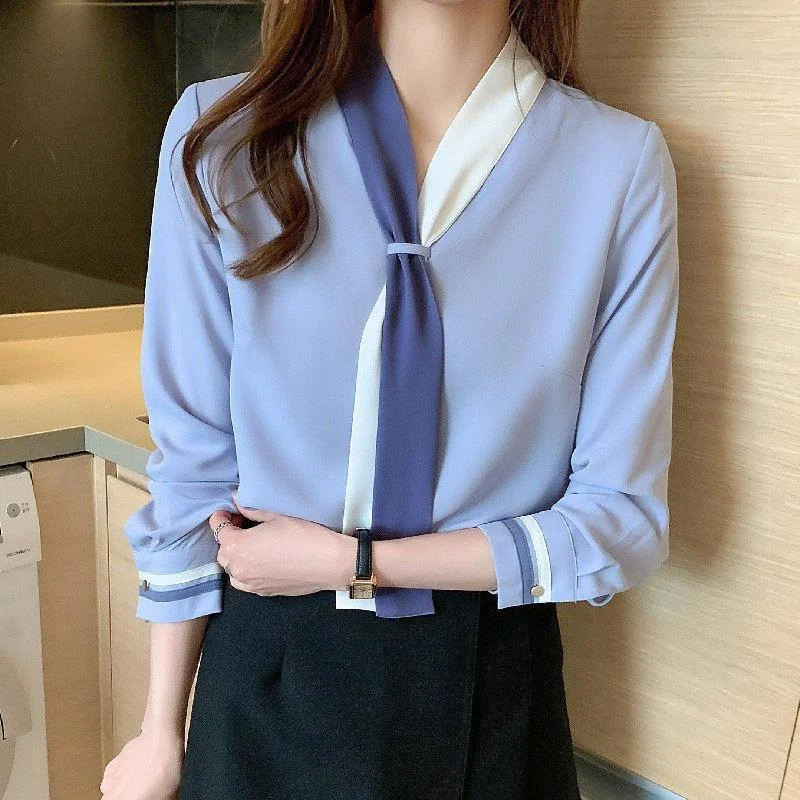 Jangj Women's Vintage Suit Collar Chiffon Blouse Spring Autumn 2022 Long Sleeve Solid Color Tops Elegant Office Lady Blouse For Women