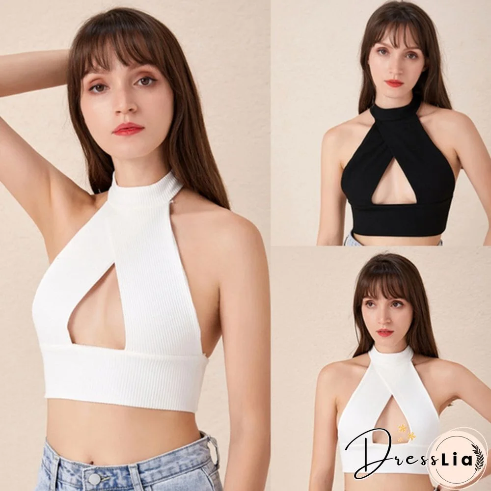 Women Fashion Summer Backless Halter Solid Color Sleeveless Casual Crop Tops Tube Shirts