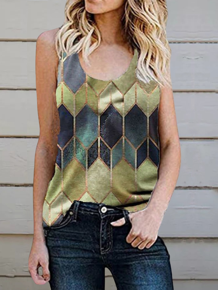 Geometric Argyle Print Crew Neck Sleeveless Tank Top