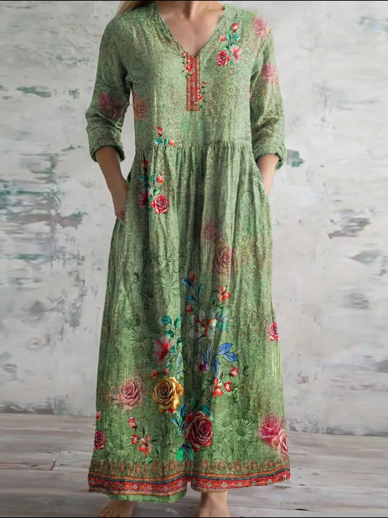 Women's 3/4 Sleeve V-neck Graphic Printed Midi Dress