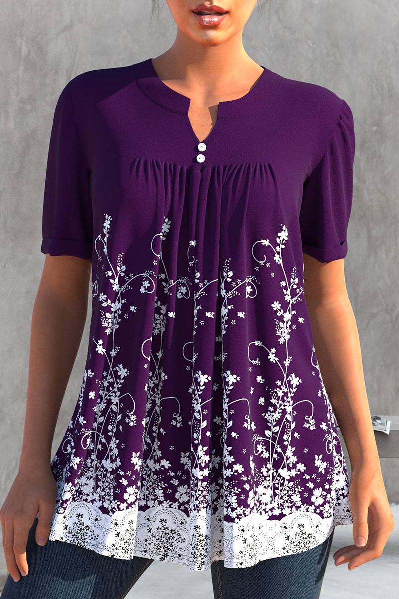 Plus Size Split Neck Print Short Sleeve Blouses